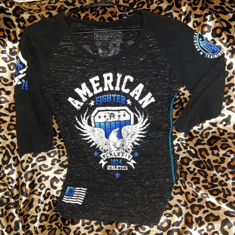 American fighter tee shirt, small, dark grey and blue